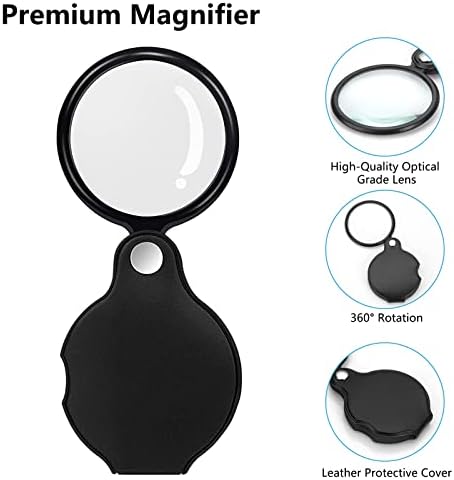 SAYEEC 4 Pcs 10X Small Magnifying Glass for Reading, Pocket Magnifier Folding Magnify Glass with Rotating Protective Leather Sheath and 4 Pcs Lanyard, Mini Magnifying Lens for Books Jewelry Coins Gems