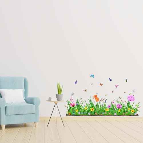 Green Grass Wall Corner Decals - Flowers Butterflies Baseboard Skirting Line Wall Stickers - Living Room Office Bedroom Sofa TV Background Home Wall Decor