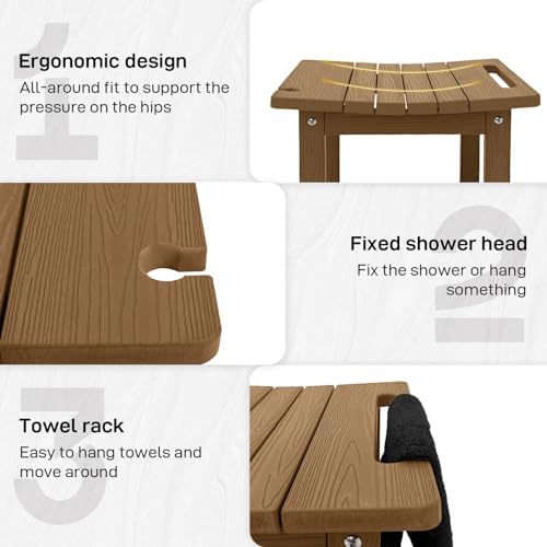 HDPS Shower Bench, Inside Shower Chair for Shaving Legs, Waterproof 2-Tier Bath Spa Shower Stool for Adults Sitting, Weather -Resistant No-Slip Indoor Outdoor Shower Seat, Teak