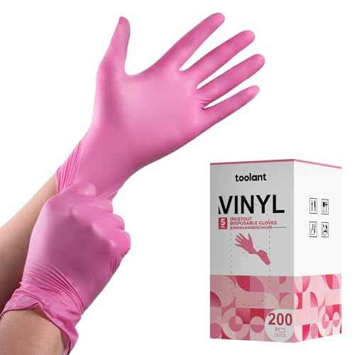 OriStout Disposable Gloves for Women, Pink Vinyl Gloves Disposable Latex Free for Cooking, Food Prep, Cleaning, Hair Dye, Tattoo, Medium Duty, Touch Screen, Small, 200 Pack
