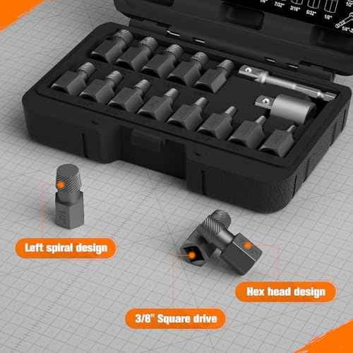 15-Piece Screw Extractor Set, 3/8" Inch Drive Multi-Spline Easy Out Bolt Extractor Kit, Hex Head Stripped Screw Remover Tool for Removing Broken, Rusted, and Stripped Bolts and Screws