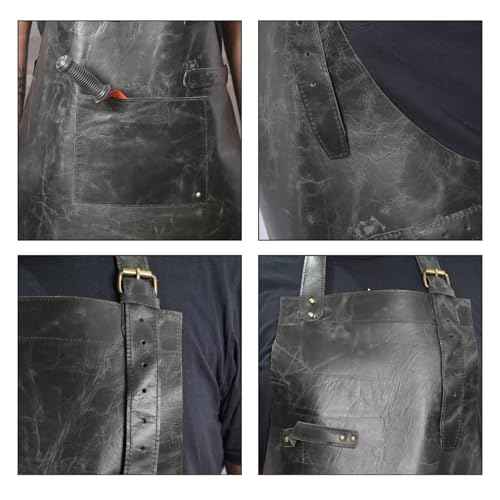 HEAVEN HUSH Genuine Leather Apron for Men, Adjustable Straps & Tool Pockets, Premium BBQ, Cooking, Blacksmith, Shop, Welding, Woodworking, Bartender Work Aprons (1 Pocket, Black)