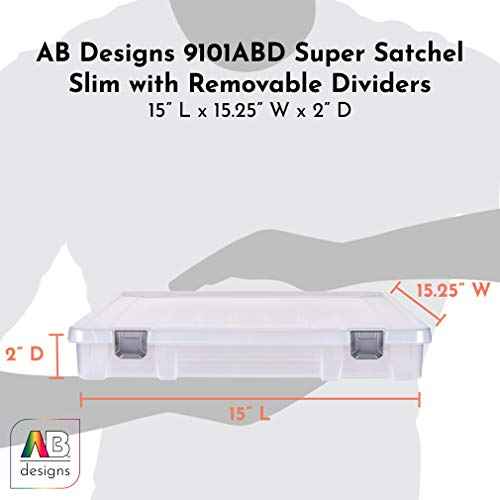AB Designs 9101ABD Super Satchel Slim with Removable Dividers, Stackable Home Storage Organization Container, Clear with Silver Latches