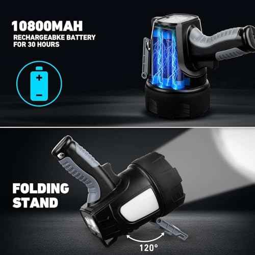 LBE Rechargeable Spotlight Outdoor, 90,000 Lumens Led Spotlight Flashlight with Cob Light and Foldable Tripod, 6 Modes Waterproof Handheld Spot Light for Outdoor Marine Boating H?nting