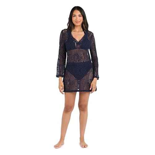 La Blanca Women's Long Sleeve Mini Dress Swimsuit Cover Up, Indigo//Waverly Covers, Large