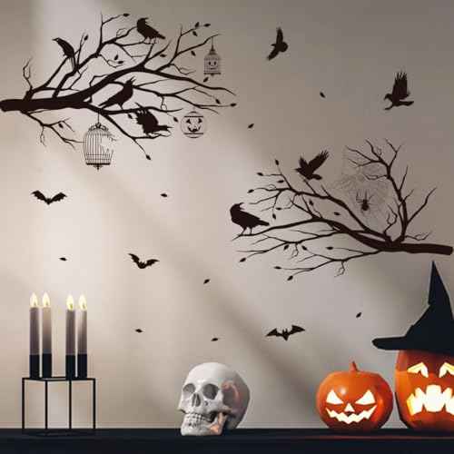 Halloween Wall Decals Black Tree Branch Wall Stickers Gothic Crow Stickers Mural Halloween Party Decorations Peel and Stick Wall Art for Bedroom Living Room