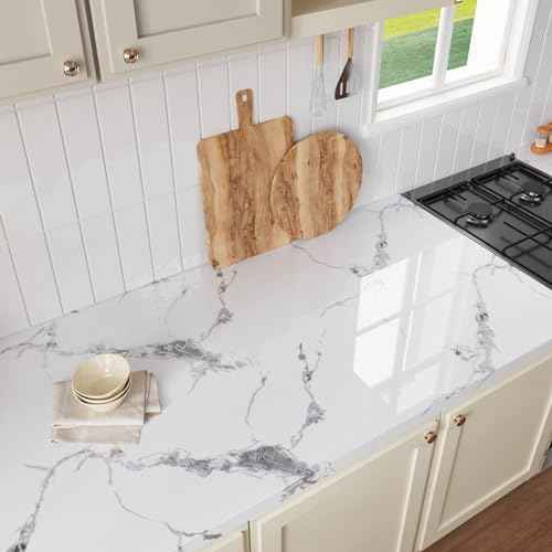 CRE8TIVE Glossy Silver Grey White Marble Contact Paper for Countertops Waterproof Marble Wallpaper Peel and Stick Counter Top Stick Paper 12"x80" Self Adhesive Removable Wallpaper for Kitchen Cabinets