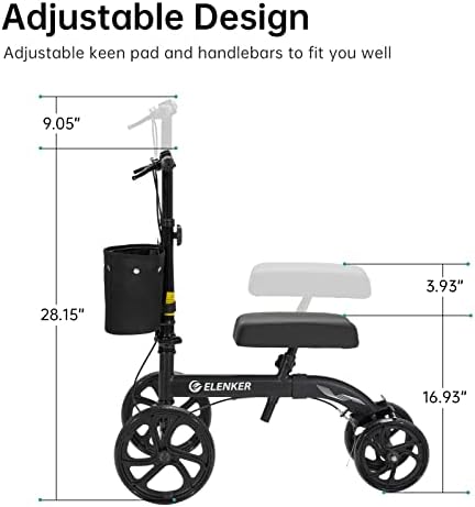 ELENKER Best Value Knee Walker with 10" Front Wheels Steerable Medical Scooter Crutch Alternative with Dual Braking System Black