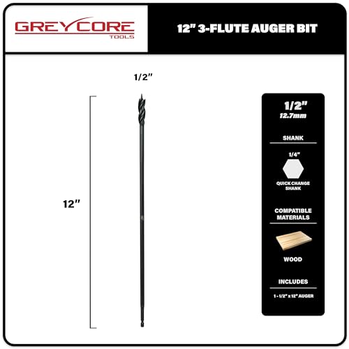 Greycore Tools 1/2 Inch x 12 Inch 3-Flute Auger Bit, Wood Drill Bit for Hard and Soft Wood, 1/4¡± Quick Change Shank, Woodworking Auger Bits (1/2¡± x 12¡± Auger)