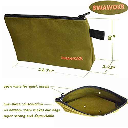 5 Pack 20 oz Canvas Tool Zipper Bags - Heavy Duty Utility Tool Pouch - Water Resistant Multi-Purpose Organizer Tote Bags 12.75 X 8 X 2.25 inch Spacious Storage Pouches with Dependable YKK Zippers