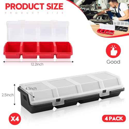 4 Pack Screw Organizer Box with Lids, 4 Compartments Tool Bin Stackable Sorting Screw Toolbox for Garage Nails Hardware Workbench Organizing Storage, Red & Black