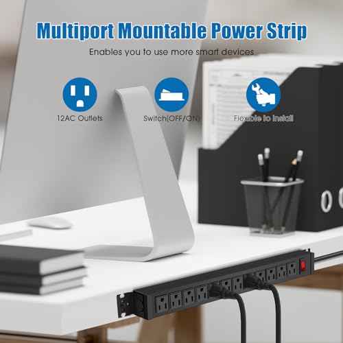 HHSOET 2 Pack Rotating Mountable Power Strip, 12 Outlet Wall Mount Surge Protector, Metal Heavy Duty and Versatile Outlet Strip, Stylish Appearance, Sturdy and Durable, 6ft Power Cord.(Black)