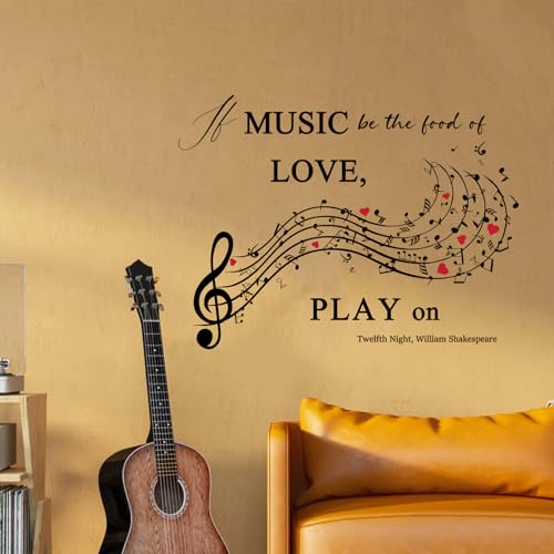 Music Quote Wall Decal,If Music Be The Food of Love Wall Sticker,Shakespeare Quote with Musical Notes for Home,Studio or Classroom