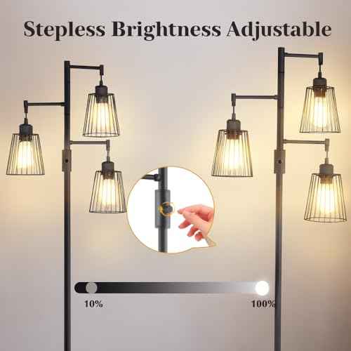 PESRAE Dimmable Industrial Floor Lamp, Farmhouse Floor Lamp Standing Lamp with 3 Elegant Teardrop Cage Heads & Included 3 x 1200LM Edison LED Bulbs, Tall Lamp for Living Room, Bedroom (Matte Black)