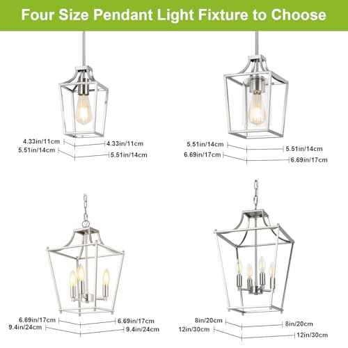 Brushed Nickel Lantern Pendant Light Fixture Pendant Lights for Kitchen Island with Clear Glass Shade, Adjustable Height Rods Pendant Lighting for Dining Room Kitchen Foyer Hallway