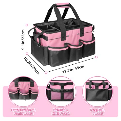 Grekos Wearable Cleaning Caddy Bag, Cleaning Caddy Suppliers Organizer with 4 Foldable Dividers, Handle & Shoulder Straps Cleaning Tool Organizers for Cleaners & Housekeeper (Pink)