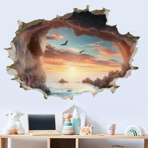 SUPERDANT 3D Cave by The Sea Wall Stickers 3D Broken Wall Decal Cave Seascape Peel and Stick Vinyl Art Decor Seaside Mural for Bedroom Living Room Nursery Bathroom Housewarming Gift