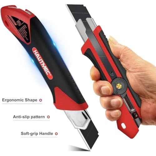 HAUTMEC 25mm Extra Heavy-Duty Utility Knife, Multi-Purpose Snap-off Box Cutter, Ratchet-lock Mechanism, Reinforced Fiberglass Handle HT0250-KN