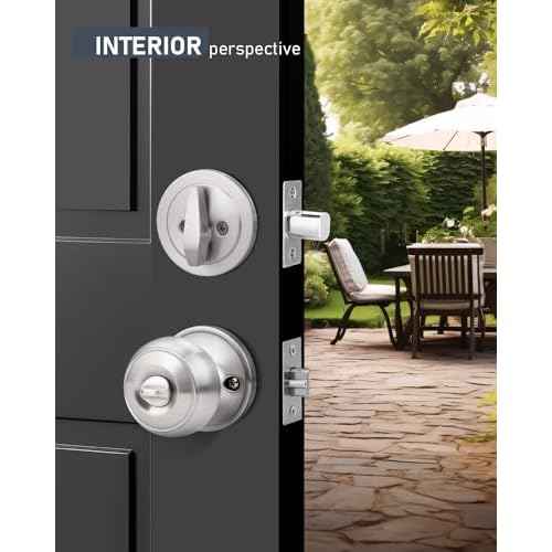 3 Pack Keyed Alike Front Door Knob and Deadbolt Set, Entry Door Locksets with Single Cylinder Deadbolt, Satin Nickel Flat Round Door Lock Set for Bedroom/Office/Exterior Doors