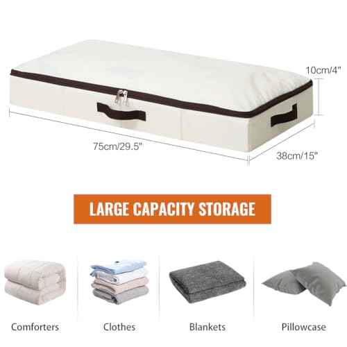 AMJ 3 Pack 4inch Underbed Storage Bins, Under Bed Storage Containers with Zippers for Blanket, Pillows, Comforters & Quilts, Beige