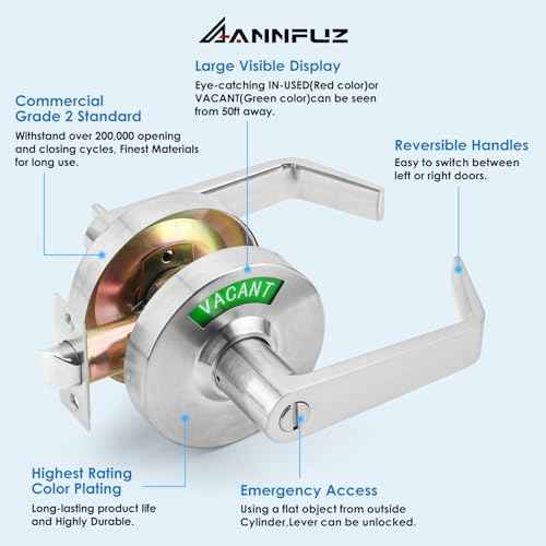 Vacant Occupied Bathroom Door Handle Lock,Privacy Lever with Large Indicator,in-Use or Vacancy Indication Occupied Deadbolt,Commercial Door Handle Lock for Public Restrooms(Satin Nickel)