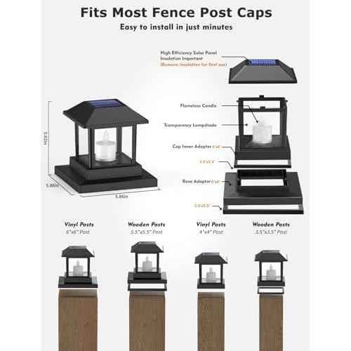 4 Pack Solar Post Lights Outdoor with 3D Flickering Candle Wick, Solar Post Cap Lights IP67 Waterproof, Warm LED Lighting Decor for Fence Deck Mailbox Yard Porch, Fit 4x4, 5x5 or 6x6 Vinyl/Wooden Post