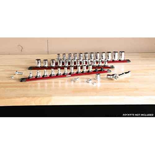 ARES 60169 ? 3/8-Inch Drive 15.5-Inch Red Twist Lock Magnetic Socket Rail - Store up to 12 Metric or SAE Sockets and Keep Your Tool Box Organized ? Magnetic Base for Easy Socket Organization