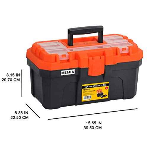 MEIJIA Portable Tool Storage Box, Organizers With Foldable Latches And Removable Tray(Black And Orange) (16"x9"x8")