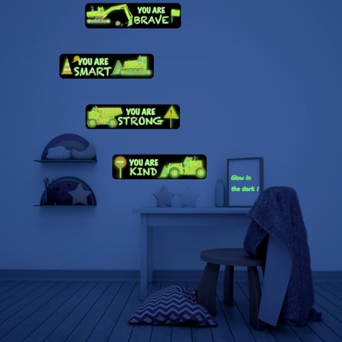 4 PCS Construction Wall Decals Glow in The Dark£¬Construction Stickers Toddler Room Decor for Kids Baby Nursery, Boys Glowing Motivational Wall Art Inspirational Sticker