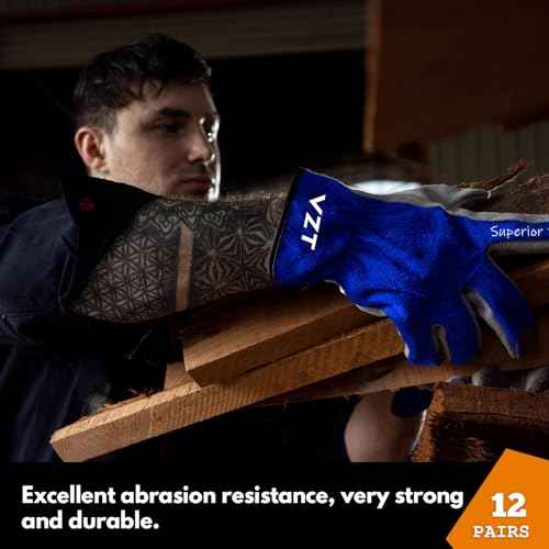 12 Pairs Bulk Leather Work Gloves for Men or Women for Construction, Wood cutting, Driving, Gardening, Automotive Repair