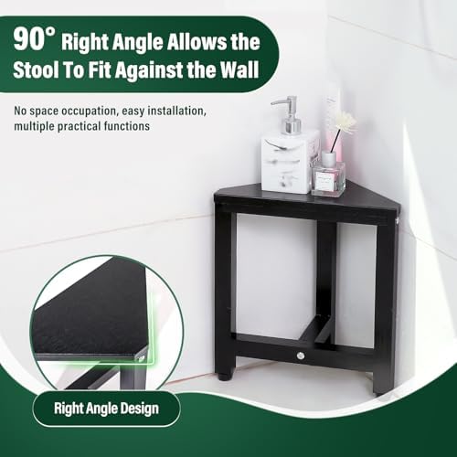TYYIHUA Shower Foot Stool for Shaving Legs 13.2", Bamboo Shower Stool for Inside Shower, Corner Shower Foot Rest for Small Spaces, Waterproof Small Shower Bench for Bathroom, Black