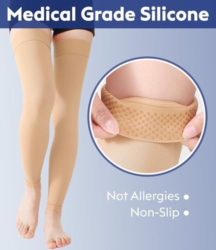 KEKING Thigh High Compression Stockings Footless, Unisex, 15-20mmHg Leg Support Compression Sleeves with Anti-Slip Silicone Band, Opaque, Treatment Swelling, Varicose Veins, Edema, DVT, Beige 5X-Large