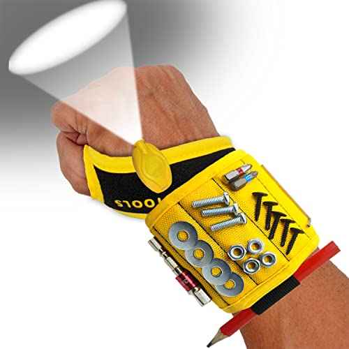 Magnetic Wristband with Flashlight and Tape Measure ? Screw, Drill Bit, and Nail Holder with 20 Strong Magnet Pieces Increases Convenience for DIY, Carpenters, Mechanics, and More by MEBTOOLS