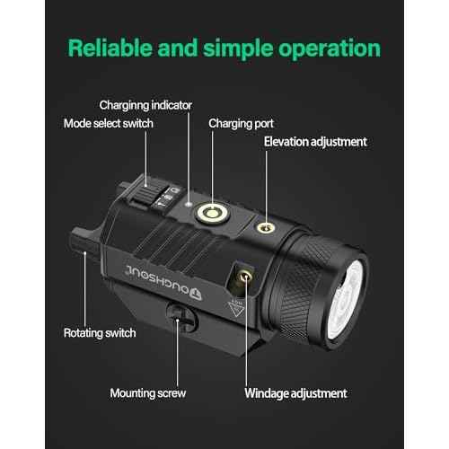 TOUGHSOUL 1200 Lumens Picatinny Rail Mount Pistol Light Green Laser Combo, White LED Flashlight with Green Beam Powered by Built in Rechargeable Battery