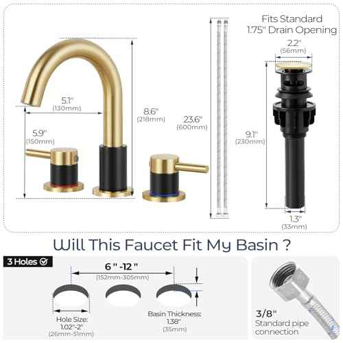 Bathroom Faucet 3 Hole, Brushed Gold and Black Bathroom Sink Faucet with Pop Up Drain, 8 inch Widespread Bathroom Faucet with 360¡Æ Swivel Spout, 2 Handle Vanity Faucet with Water Supply Hoses