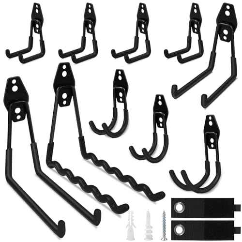 Garage Hooks, 12 Pack Heavy Duty Wall Mount Storage Hanger, Steel Garage Storage Hooks for Ladder, Bike, Garden Tool with Extension Cord Holder Organizer (Black)