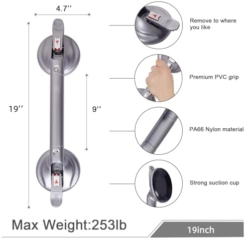 19inch Shower Suction Grab Bar, Portable Shower Handle Bar Suction Grip Bar Bathtub Handle with Strong Hold Suction Cup Fitting and Rapid Release for Bathroom(Max Capacity 300lb