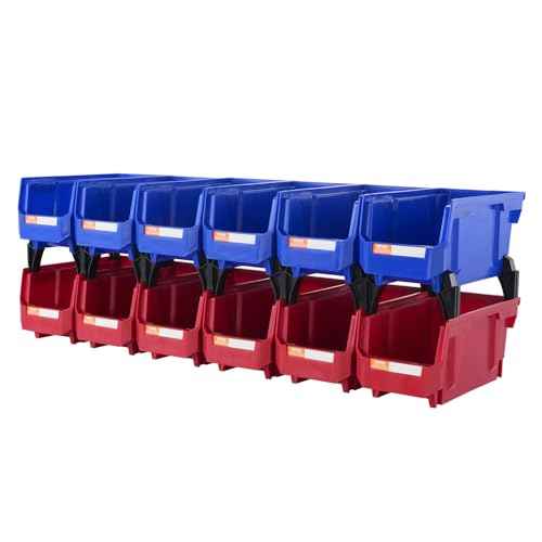 VEVOR Plastic Stackable Storage Bins 12 Pack (11 x 5 x 5-Inch), Hanging Storage Organizer Bins, Heavy Duty Stacking Containers for Closet, Garage, Office, Home, Pantry or Small Parts Organization