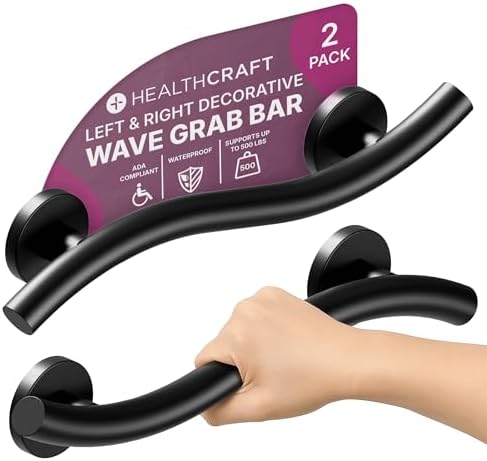 HEALTHCRAFT (2X Pack) Wave Decorative Grab Bars, ADA Compliant Bathroom Safety Bars for Seniors, Wall-Mounted, Supports Up to 500 lbs (Left & Right) (Matte Black, 18 Inch)
