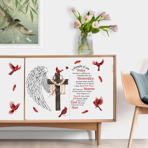 Yovkky Christian Cardinal Memorial Wall Decals Stickers, Religious Cross Wings Home Bedroom Decor, Holy Bible Quote Living Room Kitchen Decorations Art
