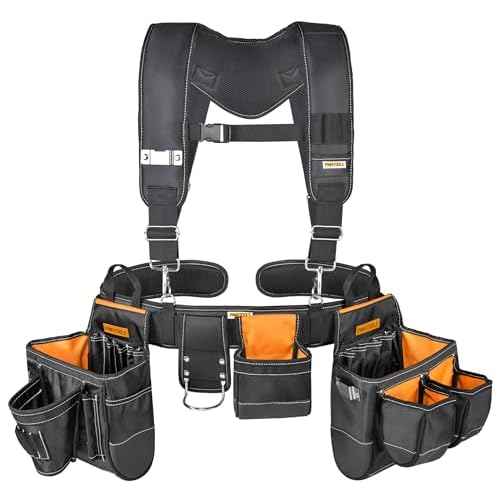 Professional 7-Piece Carpenter Electrician Tool Belt with Soft Padded Suspender for Men£¬Heavy Duty Construction, 35 Pockets£¬36"-50" (1, Black Suspender 1Pcs)