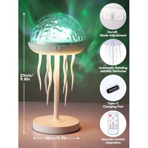 Fuloon Projection Lamp with Remote Control, Adjustable Jellyfish Shaped Table Lamp Battery Operated Night Light Ocean Room D?cor Ambient Lighting for Bedroom, Living Room, Office, Read Room