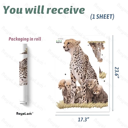 Wild Cheetah and Its Cubs Wall Decal Nursery Animal Wall Sticker Removable Peel and Stick Waterproof Wall Art Decor for Kids Baby Classroom Preschool Living Room Playing Room Bedroom School