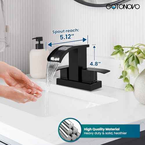 gotonovo Waterfall 4 Inch Centerset Bathroom Sink Faucet 2 Handle Basin Faucets 2 or 3 Hole Deck Mount with Pop Up Drain Included Lavatory Modern Mixer Tap Vanity Faucet Matte Black