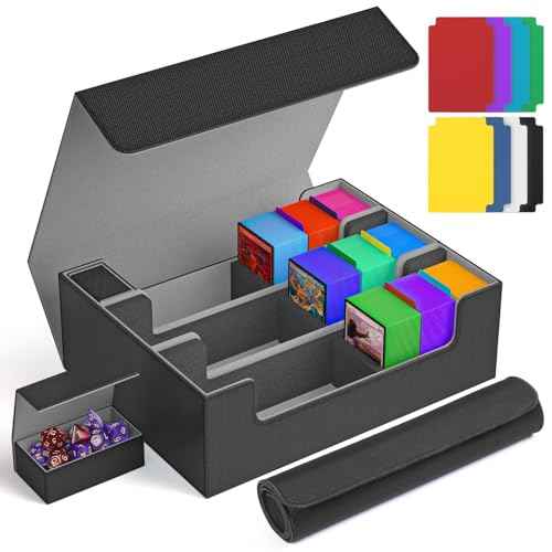 Card Storage Box 3000+ MTG Deck Box with Game Mat and 8 Divider Tabs, 3 Row Commander Trading Card Cases with Dice Tray, Commander Deck Case for TCG, CCG, YuGiOh and Sport Card (Black & Grey)