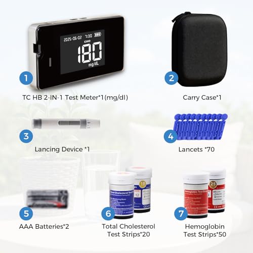 LCLBM-01 2 in 1 Total Cholesterol and Hemoglobin Testing Kit Meter Quick Results Monitor At Home Blood Test for Iron Levels Anemia with 50 Hemoglobin and 20 Total Cholesterol Test Strips Lancets