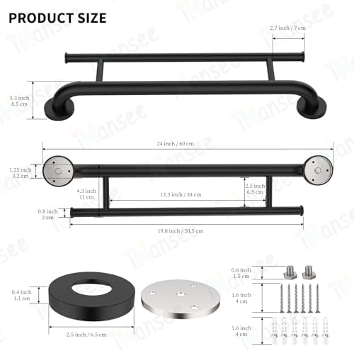 Matte Black Grab Bar 24 Inch w/Towel Holder, iHansee Stainless Steel Towel Rack Shower Support Balanced Support Handle, Wall Mount Safety Handrail Grab Rail for Elderly Senior Handicap Disabled