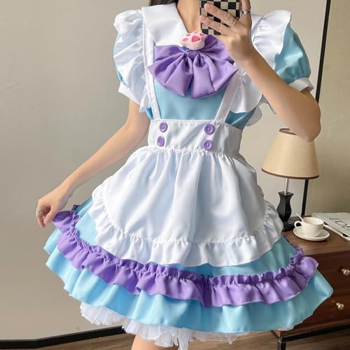 Women Dress Cute Japanese Cosplay Bow Tie Ruffle Fancy Sweet Maid Lolita Dressess with Socks Bustle Costume