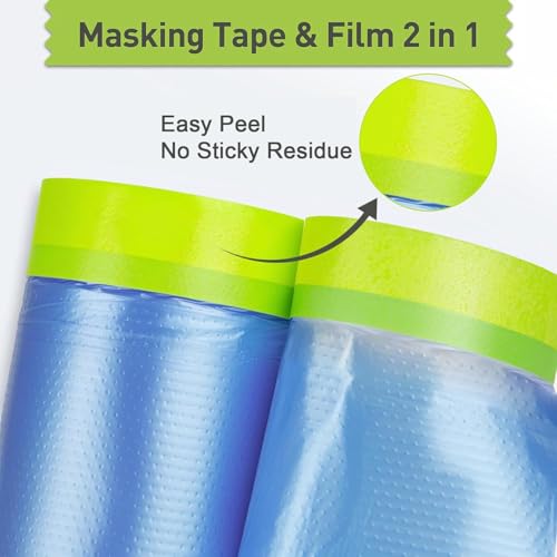 Pre-Taped Masking Film for Painting ? 22" x 66' Plastic Sheeting with Automotive Paint Tape, Easy Tear, No Residue ? Painter¡¯s Tape and Drape for Car, Wall, Window & Furniture Protection