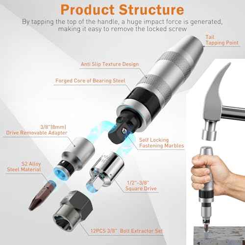 12PCS 3/8" Hand Manual Impact Driver and 8PCS 3/8" Bolt Extractor, XEWEA Reversible Impact Screwdriver Slotted,Phillips,Hexagonal Bit, for Removing & Fasteners Damaged, Rusted Screw Bolt